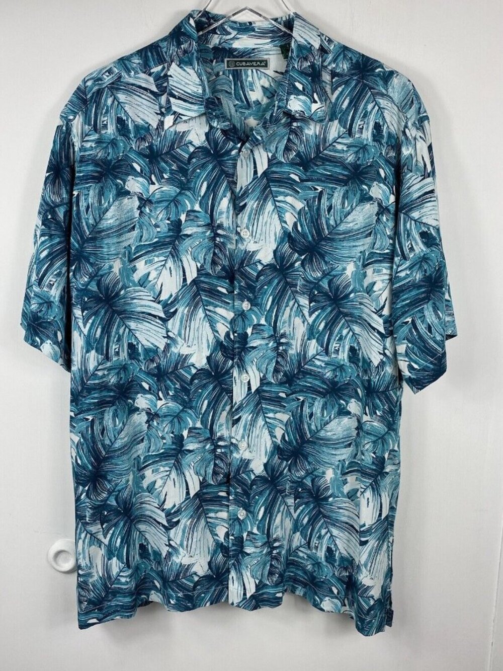 Cubavera Mens L Teal White Aloha Floral Hawaiian Print Short Sleeve Shirt